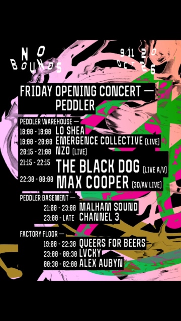 Flyer for the Friday night schedule of the No Bounds Festival (Sheffield, 2026)